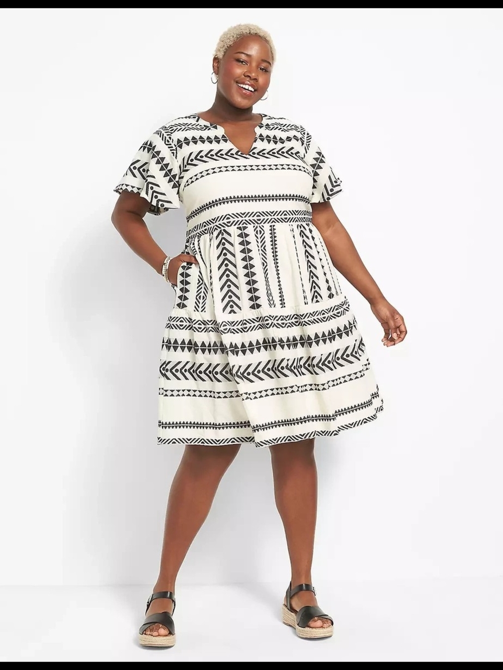 Lane Bryant Plus Size Black & White Tribal Print V-Neck Dress